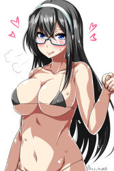 Rule 34 | 10s, 1girl, :q, puff of air, alternate costume, ar (lover boy), bare arms, bare shoulders, bikini, black bikini, black hair, blue-framed eyewear, blue eyes, blush, breasts, cleavage, collarbone, fig sign, glasses, groin, hairband, highres, kantai collection, large breasts, long hair, looking at viewer, micro bikini, naughty face, navel, ooyodo (kancolle), semi-rimless eyewear, smile, solo, stomach, sweat, swimsuit, tongue, tongue out, twitter username, under-rim eyewear, underboob, upper body