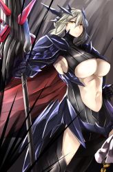 Rule 34 | &gt;:(, 1girl, armor, armored dress, armpits, artoria pendragon (all), artoria pendragon (fate), artoria pendragon (lancer alter) (fate), bad id, bad twitter id, breasts, cleavage, closed mouth, cowboy shot, elusya, fate/grand order, fate (series), from side, frown, gauntlets, hair between eyes, highres, holding, holding weapon, horns, large breasts, long hair, looking at viewer, looking to the side, midriff, navel, pauldrons, rhongomyniad (fate), saber (fate), saber alter, serious, shoulder armor, silver hair, solo, stomach, turtleneck, underboob, v-shaped eyebrows, weapon, yellow eyes