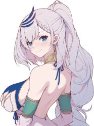 Rule 34 | 1girl, absurdres, aqua eyes, back, backless outfit, braid, breasts, earrings, french braid, grey hair, hair ornament, highres, hitozche, hololive, hololive indonesia, jewelry, large breasts, long hair, looking at viewer, looking back, pavolia reine, pavolia reine (1st costume), ponytail, simple background, smile, upper body, virtual youtuber, white background