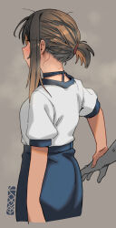 Rule 34 | 1boy, 1girl, blue skirt, brown hair, commentary, ergot, from behind, fubuki (kancolle), grey background, high-waist skirt, highres, holding hands, kantai collection, low ponytail, medium hair, official alternate costume, shirt, short sleeves, sidelocks, simple background, skirt, solo focus, standing, symbol-only commentary, white shirt