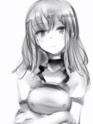 Rule 34 | 1girl, alice gear aegis, bad id, bad twitter id, breasts, closed mouth, crossed arms, covered erect nipples, expressionless, greyscale, highres, jitome, looking at viewer, medium breasts, medium hair, monochrome, nanashi (nlo), simple background, solo, upper body, white background, yotsuya yumi