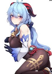 Rule 34 | bare shoulders, bell, black gloves, blue hair, bow, bowtie, breasts, commentary request, ddangbi, detached sleeves, ganyu (genshin impact), genshin impact, gloves, gold trim, high heels, highres, horns, large breasts, long hair, looking at viewer, neck bell, pantyhose, purple eyes, sidelocks, solo, thighs, vision (genshin impact), white sleeves