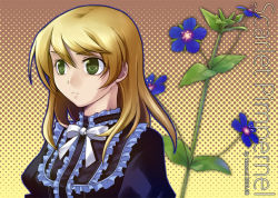 Rule 34 | 1girl, blonde hair, female focus, flower, green eyes, halftone, halftone background, looking at viewer, mabinogi, nezumipl, plant, solo, spotted, upper body