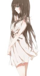 Rule 34 | 1girl, backless outfit, bad id, bad pixiv id, bare arms, bare shoulders, black hair, blue eyes, cowboy shot, dress, from side, hiro (hirohiro31), long hair, original, sash, simple background, sleeveless, sleeveless dress, solo, very long hair, white dress