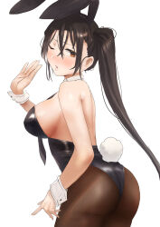 Rule 34 | 1girl, animal ears, ass, between breasts, black hair, black leotard, blush, breasts, brown eyes, brown hair, brown pantyhose, cowboy shot, highres, kantai collection, large breasts, leotard, long hair, nachi (kancolle), necktie, necktie between breasts, pantyhose, playboy bunny, ponytail, rabbit ears, side ponytail, sideboob, smile, solo, strapless, strapless leotard, toka (marchlizard), very long hair, white background