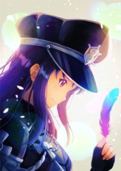 Rule 34 | 1girl, bad id, bad pixiv id, black gloves, black hat, closed mouth, feathers, fingerless gloves, floating hair, gloves, hat, highres, holding, holding feather, kazuno sarah, lens flare, long hair, love live!, love live! sunshine!!, macken, military hat, peaked cap, purple hair, red eyes, simple background, smile, solo, upper body, white background