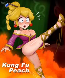 Rule 34 | 1girl, ananakawaii, blonde hair, blue eyes, blush, breasts, chinese clothes, cleavage, earrings, eyelashes, falling, hat, highres, jewelry, kung fu, kung fu peach, legs, lips, lipstick, makeup, mario (series), nintendo, open mouth, pink lips, princess peach, princess peach: showtime!, self-upload, shiny skin, sweat, sword, weapon