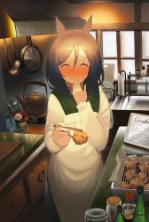 Rule 34 | 1girl, ^ ^, animal ears, apron, ashinowoto, black hair, blush, bottle, cabinet, chicken (food), chopsticks, closed eyes, closed mouth, commentary request, covering own mouth, eishin flash (umamusume), facing viewer, feeding, fried chicken, frying pan, highres, holding, holding chopsticks, horse ears, horse girl, horse tail, indoors, jar, kappougi, kettle, kitchen, ladle, medium hair, nose blush, paper, plate, solo, standing, tail, umamusume, wavy hair, window