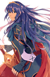 Rule 34 | 1girl, armor, artist name, belt, blue armor, blue eyes, blue gloves, blue hair, cape, commentary, cowboy shot, eyebrows, fingerless gloves, fire emblem, fire emblem awakening, gloves, hair between eyes, holding, holding sword, holding weapon, long hair, looking at viewer, looking back, lucina (fire emblem), manreeree, matching hair/eyes, nintendo, scabbard, sheath, sheathed, simple background, solo, sword, terranoie, tiara, weapon, white background
