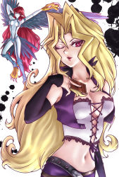 Rule 34 | 2girls, belt, blonde hair, bustier, card, claws, colored skin, corset, detached sleeves, duel monster, hair between eyes, harpie lady, harpie lady (normal monster), harpie lady 1, harpy, highres, inenari, kujaku mai, lace, lipstick, long hair, makeup, monster girl, multiple girls, navel, one eye closed, paint splatter, pale skin, parted lips, pointy ears, purple eyes, red hair, sleeves past wrists, very long hair, white skin, winged arms, wings, wink, yu-gi-oh!, yu-gi-oh! duel monsters