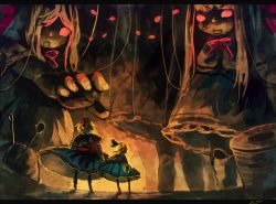 Rule 34 | 2girls, alice margatroid, alice margatroid (pc-98), blonde hair, blue eyes, capelet, doll, dress, glowing, goliath doll, gradient background, grimoire of alice, hairband, koto inari, long hair, multiple girls, shanghai doll, short hair, touhou