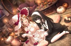 Rule 34 | 2girls, bandages, birdcage, black hair, blue eyes, book, breasts, brown eyes, brown hair, cage, candle, chair, cleavage, food, game cg, halloween, halloween costume, hat, high heels, idolmaster, idolmaster cinderella girls, idolmaster cinderella girls starlight stage, large breasts, multiple girls, nun, official art, one eye closed, pumpkin, sagisawa fumika, table, thighhighs, totoki airi, white thighhighs, witch hat