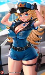 Rule 34 | 1girl, alternate costume, belt, black belt, black choker, black gloves, blonde hair, blue eyes, blush, breasts, car, choker, cleavage, commentary, cuffs, earrings, english commentary, enma (enmanuelart), gloves, gun, handcuffs, handgun, hands on headwear, hat, highres, holster, jewelry, large breasts, lips, long hair, looking at viewer, mario (series), motor vehicle, nintendo, paid reward available, parted lips, peaked cap, police, police hat, police uniform, policewoman, princess peach, shorts, solo, thigh holster, thigh strap, thighs, uniform, weapon