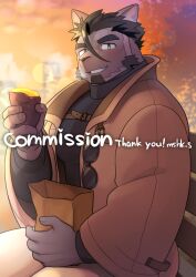 Rule 34 | 1boy, ahoge, animal ears, artist name, bag, bara, bench, black sweater, brown jacket, building, cat boy, cat ears, chest strap, commentary request, commission, condensation, dusk, facial hair, food, furry, furry male, goatee, holding, holding bag, holding food, jacket, live a hero, looking at viewer, male focus, masa (mshk s), on bench, pants, paper bag, park, park bench, sitting, skeb commission, sunglasses, sweater, sweet potato, thank you, tsuneaki (live a hero), turtleneck, turtleneck sweater, white pants
