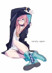 Rule 34 | 1girl, aqua footwear, arm up, bare legs, black jacket, blue eyes, boots, choker, closed mouth, commentary, english text, full body, glasses, highres, hood, hood up, hooded jacket, jacket, jewelry, long hair, long sleeves, looking at viewer, necklace, original, pink hair, popman3580, shirt, shoe soles, shorts, simple background, sitting, solo, symbol-only commentary, white background, white shirt