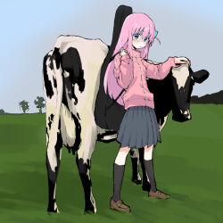Rule 34 | 1girl, album cover, album cover redraw, atom heart mother, blue eyes, blue skirt, blue sky, blush, bocchi the rock!, cover, cow, cube hair ornament, day, derivative work, ftktan, gotoh hitori, grass, guitar case, hair between eyes, hair ornament, highres, instrument case, instrument on back, jacket, long hair, looking at viewer, outdoors, headpat, pink floyd, pink hair, pink jacket, pink track suit, shadow, shoes, skirt, sky, socks, tree