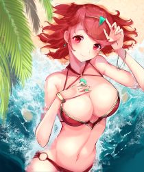 Rule 34 | 1girl, absurdres, beach, bikini, blush, bracelet, breasts, chest jewel, cleavage, cowboy shot, earrings, from above, hand on own chest, highres, huge filesize, jewelry, large breasts, looking at viewer, lying, navel, o-ring, o-ring bikini, on back, pyra (xenoblade), red bikini, red eyes, red hair, risumi (taka-fallcherryblossom), short hair, smile, solo, swept bangs, swimsuit, tiara, xenoblade chronicles (series), xenoblade chronicles 2