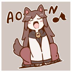 Rule 34 | 1girl, animal ears, blush stickers, brooch, brown hair, closed eyes, commentary request, dress, eighth note, fangs, full body, grey background, howling, imaizumi kagerou, jewelry, long hair, long sleeves, musical note, open mouth, poronegi, red dress, simple background, solo, squatting, tail, touhou, white dress, wolf ears, wolf tail