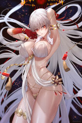 Rule 34 | 1girl, arm behind head, armlet, armpits, arms up, bare shoulders, belly chain, blush, body markings, bracelet, breasts, cleavage, collarbone, colored skin, durga (fate), earrings, fate/grand order, fate (series), gradient skin, grey hair, hair ribbon, highres, ironatsuki, jewelry, large breasts, long hair, looking at viewer, navel, parted lips, pelvic curtain, red eyes, red skin, revealing clothes, ribbon, sash, snake, solo, thighlet, thighs, thumb ring, very long hair