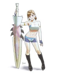 Rule 34 | 1girl, armlet, armpits, bare shoulders, boots, breasts, brown eyes, brown hair, capcom, fingerless gloves, gloves, highres, huge weapon, knee boots, large breasts, looking at viewer, midriff, monster hunter, monster hunter (series), monster hunter portable 3rd, navel, peco (pockleberry), planted, planted sword, planted weapon, short hair, short shorts, shorts, simple background, standing, strapless, sword, tube top, weapon, white background