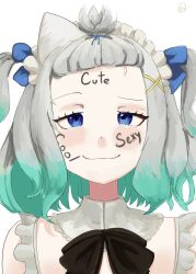 Rule 34 | 1girl, blue bow, blue eyes, body writing, bow, english text, forehead, gradient hair, green hair, hair bow, hair ornament, half-closed eyes, highres, indie virtual youtuber, lev, looking at viewer, maid, maid headdress, mint fantome, multicolored hair, ozornayashoujo, simple background, smile, solo, straight-on, two side up, upper body, virtual youtuber, white background, white hair, x hair ornament