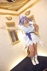 Rule 34 | 1girl, ankle boots, arm up, asian, blue eyes, blue hair, boots, bow, bracelet, breasts, choker, chouzuki maryou, cosplay, cure diamond, cure diamond (cosplay), dokidoki! precure, dress, hand on own hip, headpiece, highres, jewelry, large breasts, long hair, magical girl, matching hair/eyes, photo (medium), plump, ponytail, precure, puffy short sleeves, puffy sleeves, ribbon, short sleeves, solo, tiara