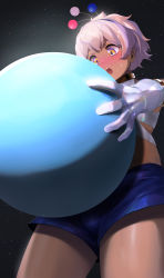 Rule 34 | 1boy, absurdres, blue shorts, blush, bulge, commentary, cowboy shot, dark-skinned male, dark skin, elbow gloves, from below, giant, giant male, gloves, hair ornament, highres, hololive, hololive english, male focus, mo ne, open mouth, pink hair, planet, planet hair ornament, shorts, solo, space, symbol-only commentary, teeth, tsukumo san, upper teeth only, uranus (planet), virtual youtuber, white gloves, yellow eyes
