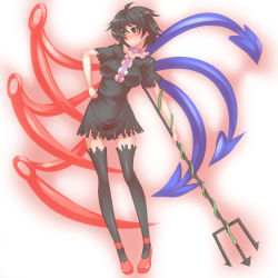 Rule 34 | 1girl, asymmetrical wings, black eyes, black hair, black thighhighs, dress, female focus, full body, gradient background, highres, houjuu nue, legs, polearm, red eyes, see-through, short hair, snake, solo, spear, thighhighs, touhou, trident, tro (trombe), weapon, white background, wings, zettai ryouiki