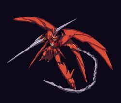 Rule 34 | black background, double-blade, green eyes, gundam, gundam epyon, gundam wing, highres, holding, holding polearm, holding weapon, ishiyumi, mecha, mechanical wings, mobile suit, no humans, original, polearm, redesign, robot, science fiction, solo, v-fin, weapon, wings