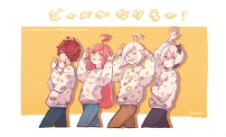 Rule 34 | 2boys, 2girls, ahoge, androgynous, bandaid, bandaid on face, bandaid on nose, blue pants, brown pants, commentary, crossed arms, denim, closed eyes, finger twirl, flag, flower (vocaloid), from side, fukase, hands up, index finger raised, jeans, long hair, looking at viewer, mi no take, multicolored hair, multiple boys, multiple girls, open mouth, pants, pink eyes, pink hair, purple hair, red eyes, red hair, sf-a2 miki, short hair, smile, standing, streaked hair, sweater, symbol-only commentary, translated, twitter username, utatane piko, flower (vocaloid4), vocaloid, walking, waving, white hair, yellow background