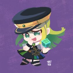 Rule 34 | 1girl, alina gray, bad id, bad twitter id, black bow, black footwear, black hat, black vest, blonde hair, blunt ends, bow, chibi, cube, full body, gera-magia, green eyes, green hair, hair between eyes, hand to own mouth, hat, long hair, looking at viewer, magia record: mahou shoujo madoka magica gaiden, magical girl, mahou shoujo madoka magica, multicolored clothes, multicolored hair, multicolored skirt, open mouth, peaked cap, pleated skirt, puffy short sleeves, puffy sleeves, short sleeves, skirt, smile, solo, standing, straight hair, streaked hair, striped clothes, striped skirt, v-neck, vertical-striped clothes, vertical-striped skirt, vest, waist bow