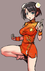 Rule 34 | 1girl, black hair, blush, breasts, bun cover, china dress, chinese clothes, double bun, dress, green eyes, grey background, hair bun, hololive, kilesha, large breasts, lowres, oozora subaru, open mouth, solo, standing, standing on one leg, thighs, virtual youtuber, wristband