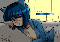 Rule 34 | 1girl, 2k-tan, blue eyes, blue hair, breasts, cleavage, curtains, facing viewer, glasses, indoors, looking at viewer, no bra, one eye closed, open clothes, open shirt, os-tan, pajamas, parted lips, pillow, progress bar, shirt, short hair, sleepy, solo, translation request