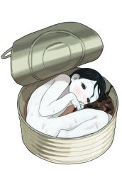 Rule 34 | 1other, absurdres, black eyes, black hair, can, colored skin, fetal position, highres, lying, nude, on side, opossumachine, original, short hair, simple background, wet, white background, white skin
