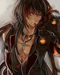 Rule 34 | 1boy, bad id, bad pixiv id, black hair, clenched teeth, elsword, jacket, jewelry, male focus, mechanical arms, multicolored hair, nameco, necklace, pink eyes, raven cronwell, red hair, scar, single mechanical arm, sketch, solo, teeth, two-tone hair, veteran commander (elsword)