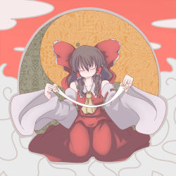 Rule 34 | 1girl, above clouds, bare shoulders, black hair, bow, cloud, collar, detached sleeves, closed eyes, hair bow, hair tubes, monomi, seiza, sitting, solo, touhou, wide sleeves