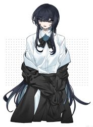Rule 34 | 1girl, ado (utaite), black bow, black bowtie, black coat, black hair, black pants, blue eyes, blue flower, blue rose, bow, bowtie, chando (ado), cloud nine inc, coat, collared shirt, colored inner hair, commentary, cowboy shot, cropped legs, dress shirt, flower, flower brooch, hashtag only commentary, highres, long hair, long sleeves, lower teeth only, mole, mole under eye, multicolored hair, off shoulder, open mouth, pants, phossscinnn, rose, shirt, sleeves past fingers, sleeves past wrists, sleeves tied together, solo, sweatdrop, teeth, tied sleeves, two-tone hair, utaite, very long hair, white background, white shirt
