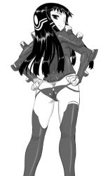 Rule 34 | 00s, 1girl, ar tonelico, ar tonelico ii, ass, back, black hair, boots, dr.p, female focus, flat ass, greyscale, gust, jakuri (ar tonelico), monochrome, simple background, smile, solo, thigh boots, thighhighs, white background