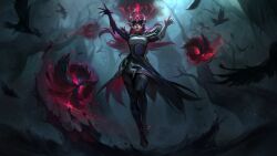 Rule 34 | 1girl, absurdres, animal, ball, bare tree, bird, black dress, black gloves, black pantyhose, blue dress, coven syndra, crow, dress, feathers, floating, forest, from below, gem, gloves, glowing, glowing eyes, highres, league of legends, long hair, looking at viewer, magic, nature, official art, outdoors, pantyhose, pink eyes, red hair, solo, syndra, tree, water, white dress, white gloves