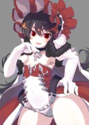 Rule 34 | 1girl, armpits, belt, black belt, black choker, black hair, cape, chain, choker, contrapposto, covered navel, cowboy shot, dress, elbow gloves, fang, frilled hat, frills, fur-trimmed cape, fur-trimmed gloves, fur trim, gloves, gluteal fold, hand on own hip, hat, highres, illya (small) (princess connect!), illya (princess connect!), jewelry, leotard, long hair, looking at viewer, ojou-sama pose, open mouth, overskirt, pendant, princess connect!, red dress, red eyes, red hat, red skirt, skin fang, skirt, smile, solo, standing, strapless, strapless leotard, sw (taco), thighs, white cape, white gloves, white hat, white leotard
