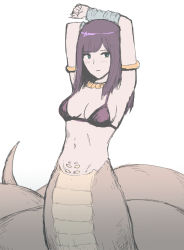 Rule 34 | 1girl, arms behind head, arms up, bandages, bikini, bikini top only, blue eyes, blush, expressionless, gold, highres, jewelry, lamia, looking at viewer, medium hair, monster girl, navel, necklace, original, purple hair, scales, simple background, sketch, solo, swimsuit, tail, white background, yumeaso
