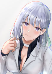 Rule 34 | 1girl, blazer, blush, breasts, business suit, choker, cleavage, closed mouth, formal, girls&#039; frontline, grey background, hand up, highres, jacket, long hair, looking at viewer, medium breasts, open clothes, purple eyes, rpk-16 (girls&#039; frontline), rpk-16 (renate) (girls&#039; frontline), silver hair, solo, solokitsune, suit, white choker