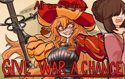 Rule 34 | 2girls, armor, braid, breastplate, brown hair, centurii-chan (artist), colored eyelashes, commentary, constricted pupils, covered eyes, crazy eyes, dress, english commentary, english text, fangs, french braid, gauntlets, hat, highres, holding, holding sword, holding weapon, landsknecht (centurii-chan), long hair, medieval, meme, metal gear (series), metal gear rising: revengeance, multiple girls, open mouth, orange hair, original, pink dress, puffy sleeves, sidelocks, swept bangs, sword, upper body, very long hair, weapon, wide-eyed, wide sleeves, zweihander