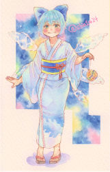 Rule 34 | 1girl, blue bow, blue eyes, blue hair, blue kimono, blush, bow, cirno, detached wings, full body, hair between eyes, hair bow, highres, ice, ice wings, japanese clothes, kimono, long sleeves, looking at viewer, open mouth, painting (medium), sandals, shin1ar24, short hair, solo, standing, teeth, touhou, traditional media, watercolor (medium), watercolor pencil (medium), wide sleeves, wings, yukata, zouri