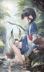 1girl black_hair branch brown_eyes character_request commentary_request fluffy from_side highres leaf leaf1618 outdoors red_eyes sitting soaking_feet tiger utawarerumono utawarerumono:_lost_flag water white_fur white_tiger