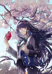 Rule 34 | 1girl, bag, black jacket, black skirt, blazer, blue ribbon, blue sky, buttoned cuffs, cherry blossoms, clear sky, collared shirt, cowboy shot, day, falling petals, floating hair, fox mask, from side, glasses, hair intakes, highres, holding, holding mask, honkai: star rail, honkai (series), jacket, kleinlight, long hair, looking at viewer, mask, miniskirt, neck ribbon, open clothes, open jacket, outdoors, petals, pink eyes, pleated skirt, purple hair, ribbon, round eyewear, school bag, school uniform, shirt, skirt, sky, solo, sparkle (honkai: star rail), straight hair, white shirt