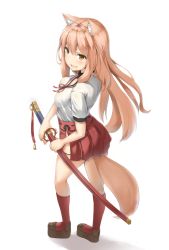 Rule 34 | 1girl, animal ear fluff, animal ears, blouse, blush, breasts, brown hair, cleavage, fate/extra, fate/extra ccc, fate/extra ccc fox tail, fate/grand order, fate (series), fighting stance, fox ears, fox tail, hakama, hakama skirt, highres, holding, holding sheath, holding sword, holding weapon, japanese clothes, kneehighs, large breasts, long hair, looking at viewer, miniskirt, parted lips, ready to draw, red socks, red skirt, reinama, sheath, sheathed, shirt, skirt, smile, socks, solo, suzuka gozen (fate), sword, tail, weapon, white shirt, yellow eyes