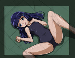 Rule 34 | 10s, 1girl, aoki reika, blue eyes, blush, hair ornament, hairclip, long hair, lying, on back, one-piece swimsuit, precure, purple hair, rohitsuka, sketch, smile precure!, solo, spread legs, swimsuit