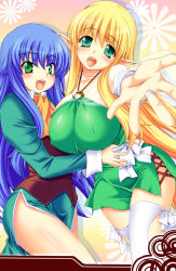 Rule 34 | 00s, 2girls, :d, aqua eyes, ascot, blonde hair, blue hair, blush, body blush, bow, bow legwear, breasts, bridal gauntlets, capelet, covered erect nipples, dress, elf, fingernails, foreshortening, gradient background, green eyes, hair between eyes, halterneck, head tilt, high collar, highres, hotori (sion), hug, huge breasts, large breasts, leaning, long fingernails, long hair, long pointy ears, looking at viewer, looking back, multiple girls, o-ring, o-ring top, open mouth, outstretched arm, outstretched hand, pointy ears, profile, sash, see-through, short dress, side slit, sidelocks, smile, standing, sylpheed, thighhighs, tiffania westwood, very long hair, white legwear, zero no tsukaima