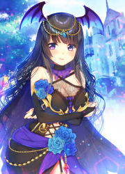 Rule 34 | 1girl, bang dream!, black cape, black dress, black hair, blue flower, blue rose, blush, breasts, bridal gauntlets, cape, cleavage, clothing cutout, collar, commentary request, criss-cross halter, crossed arms, detached collar, dress, flower, frilled collar, frills, garter straps, gem, halterneck, head chain, head wings, highres, jewelry, lace, large breasts, long hair, navel cutout, outdoors, purple eyes, rose, sash, shirokane rinko, side slit, solo, tsurugi hikaru, wings